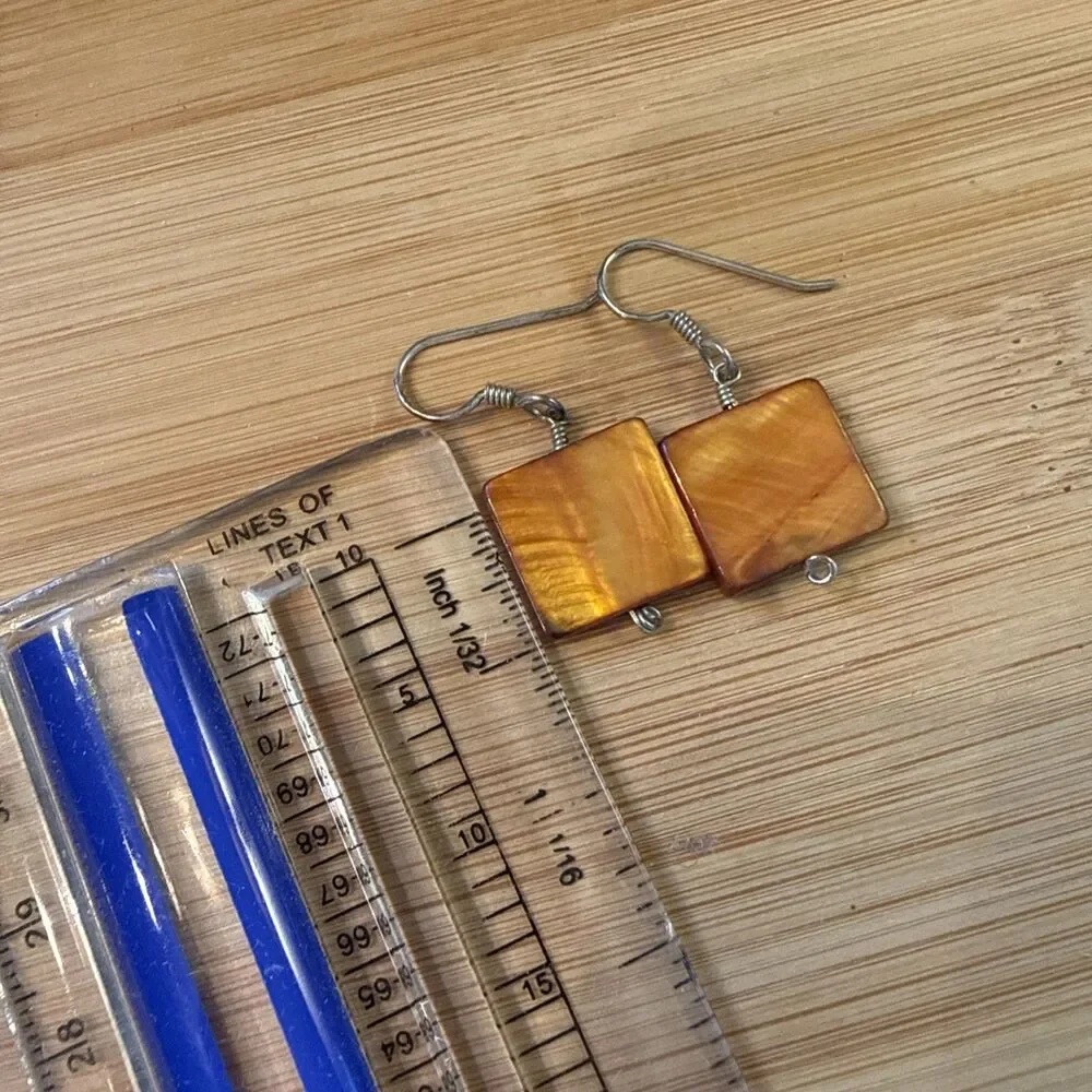 Orange Brown Square Bead Dangle Drop Earrings Vintage Unbranded